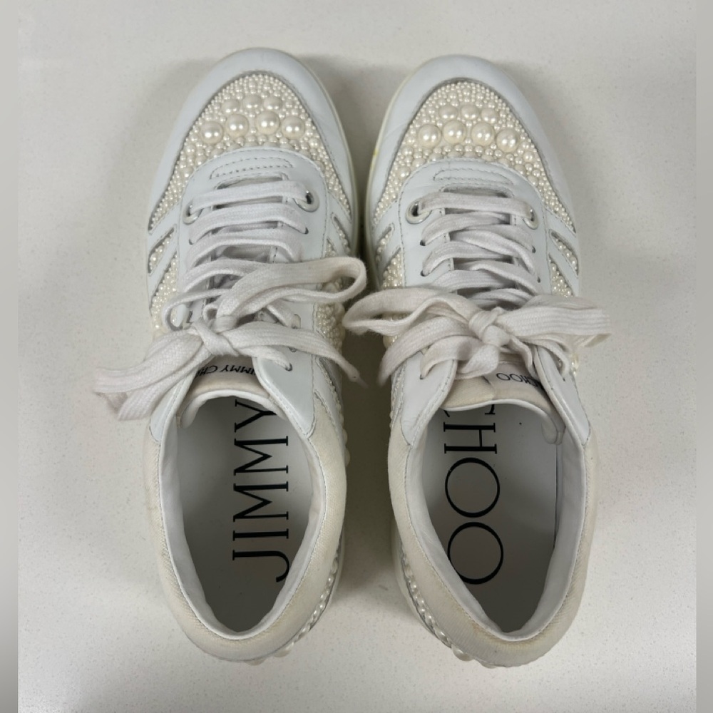 JIMMY CHOO Hawaii Pearl Sneakers White Size 38.5 - Picture 2 of 8